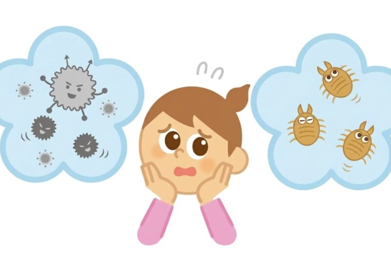 カビ・ダニに困った顔をする女性のイラスト
