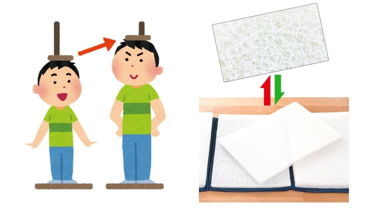 子どもの身長が伸びて成長していく様子を描いたイメージ図と、その成長に合わせて、3分割されたマットレスの中芯（必要な部分）を一枚だけ交換している様子。