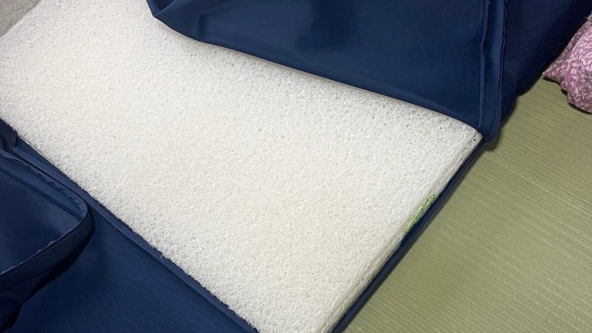 おねしょで汚れた部分の中芯だけを取り出す様子。