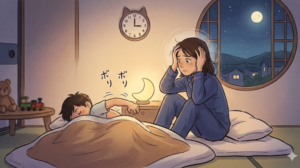 深夜に子供が体をかきむしり、横で母親が寝不足と不安で頭を抱えている様子。