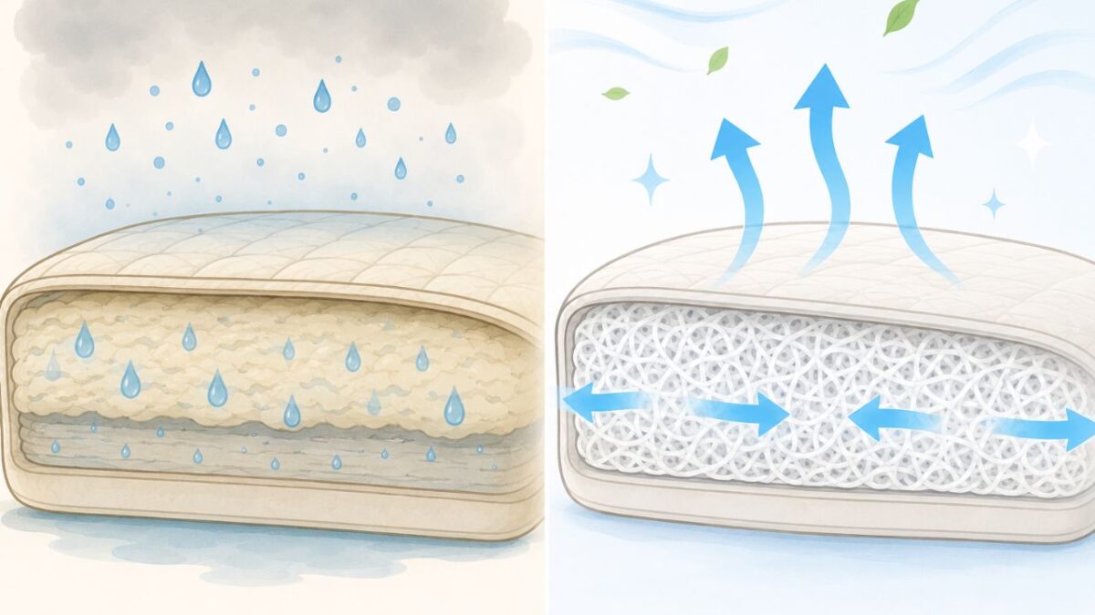 湿気がこもった寝具と、風が通る寝具の比較イラスト