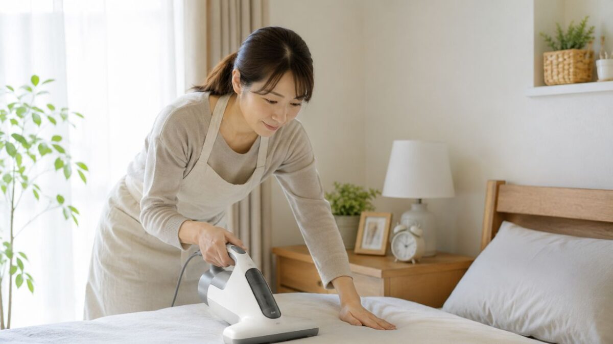 マットレスを布団クリーナーで掃除している女性