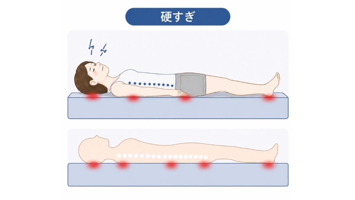硬すぎるマットレスで部分部分が圧迫されているイラスト