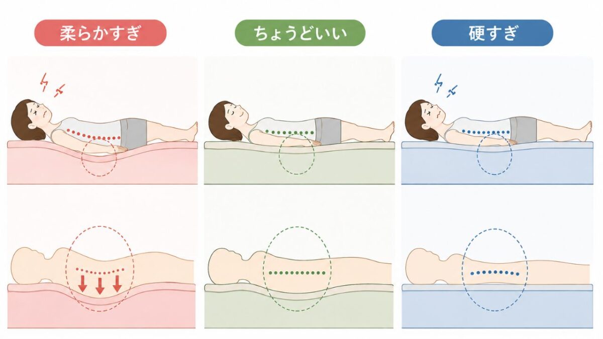柔らかすぎ／硬すぎ／ちょうどよい、の3パターンで寝姿勢と沈み込みを比較した図解