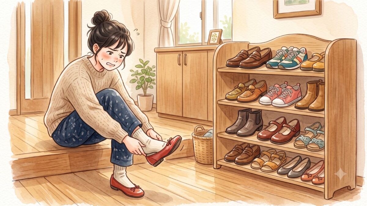 サイズは同じでも形の違う靴が並び、「自分に合う靴選び」を迷っている女性のイラスト