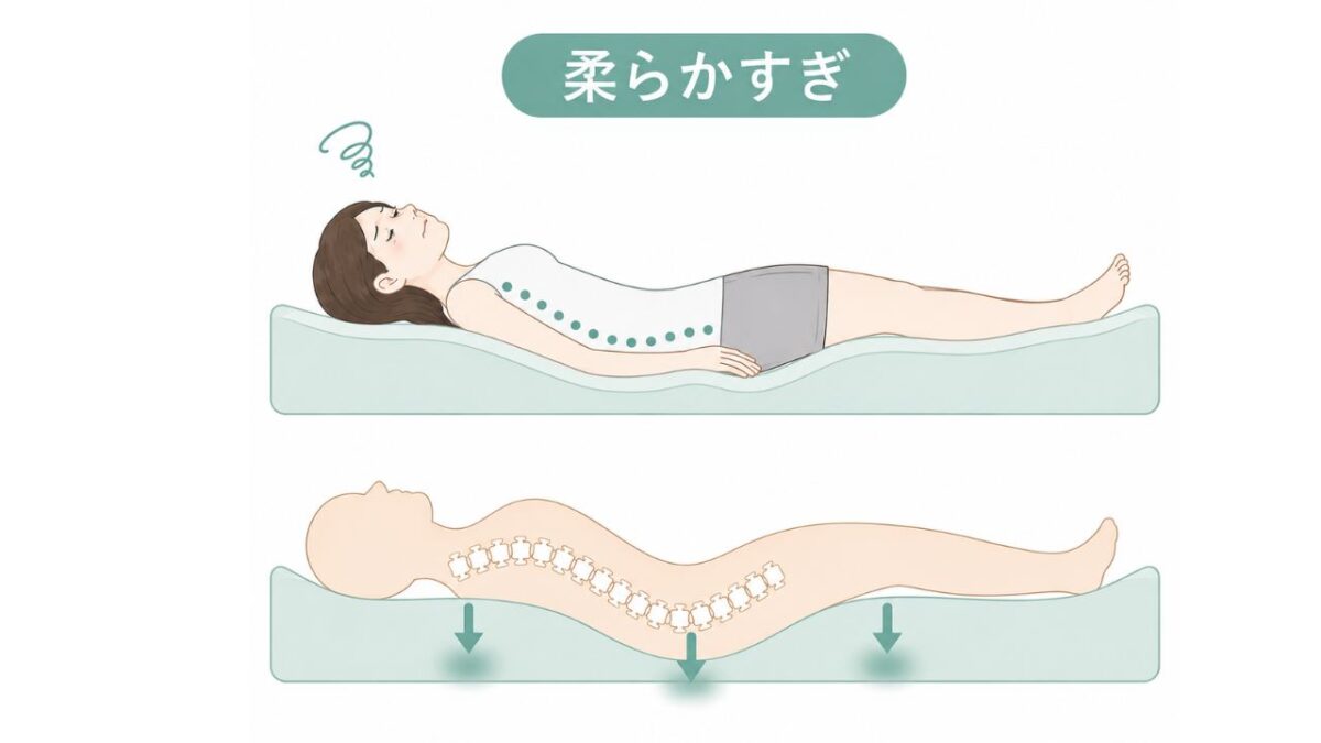 柔らかすぎるマットレスで腰がくの字に曲がりつらそうな女性のイラスト