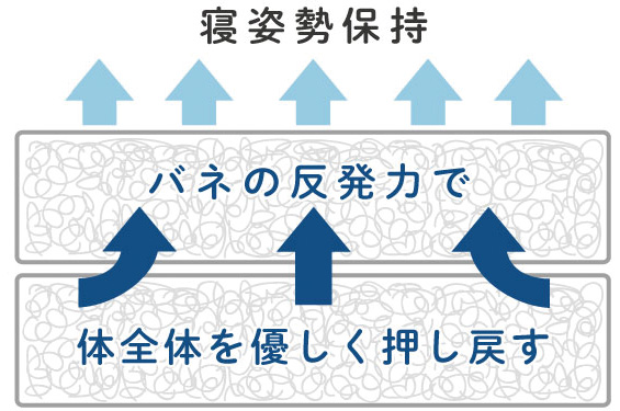 ブレスエアー®のモジャモジャ繊維によるバネの反発力で身体全体を優しく押し戻し、寝姿勢を保持